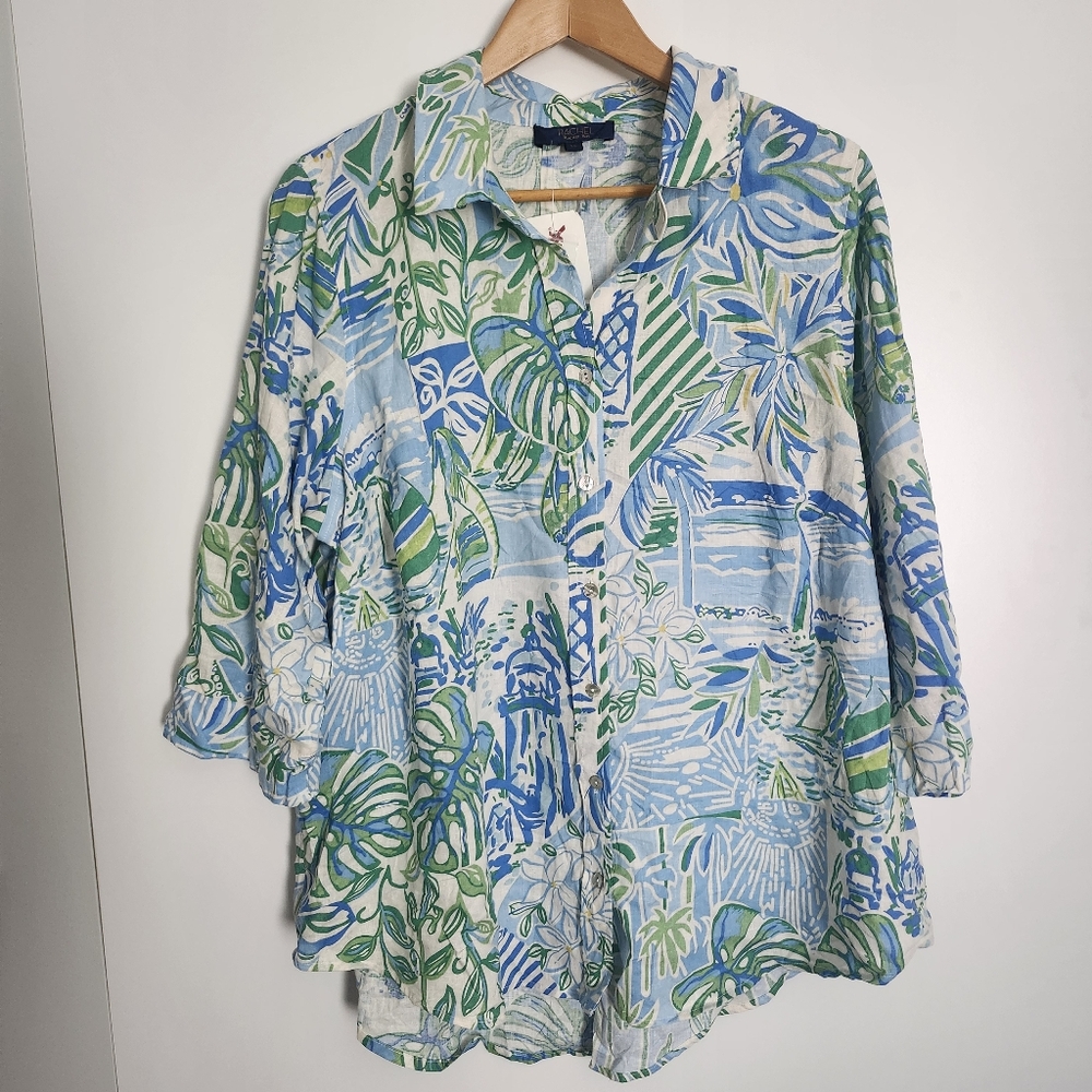 RACHEL ROY Linen Blend Lightweight Button Down Shirt Tropical Leaf Print 1X NWT